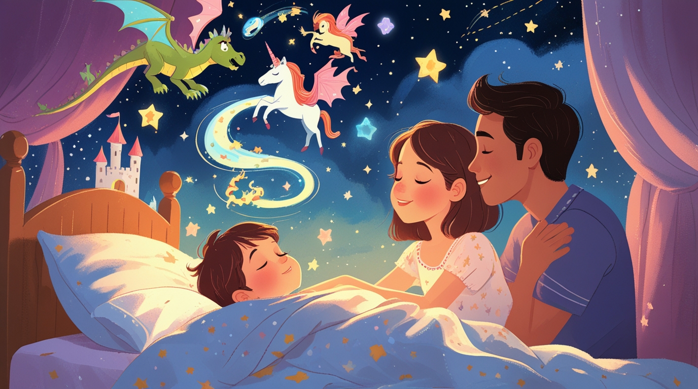 Familia disfrutando un cuento mágico antes de dormir